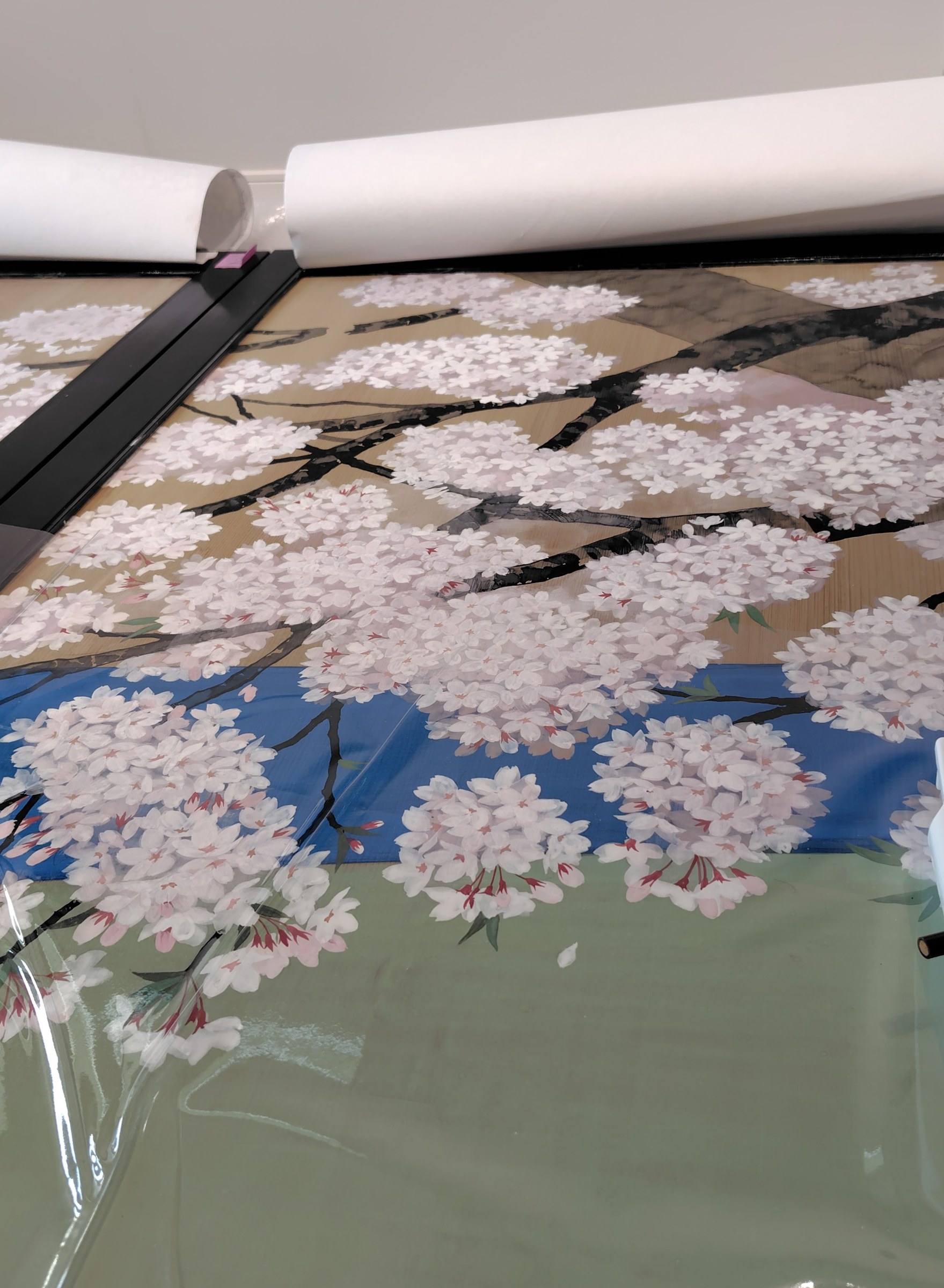 桜花小禽図 制作風景